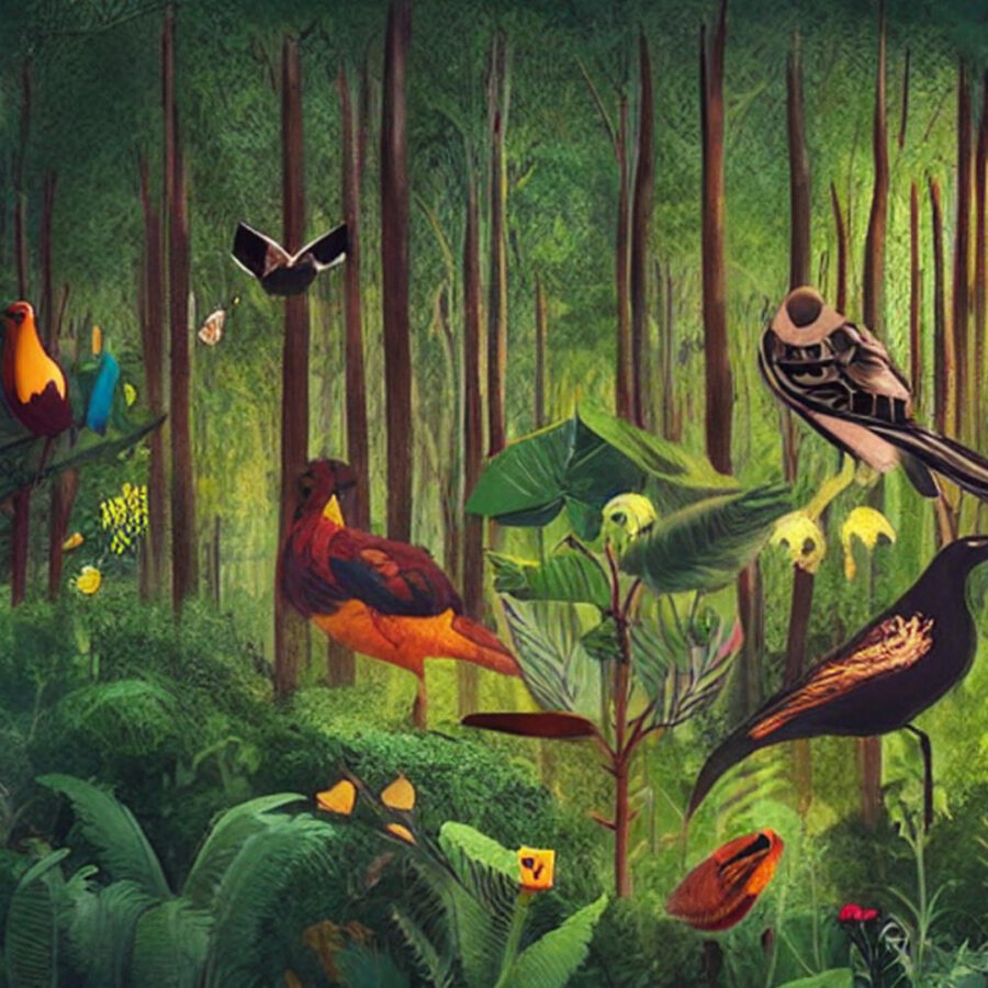 lush forest with birds and wild life representing sustainabilitiy.
